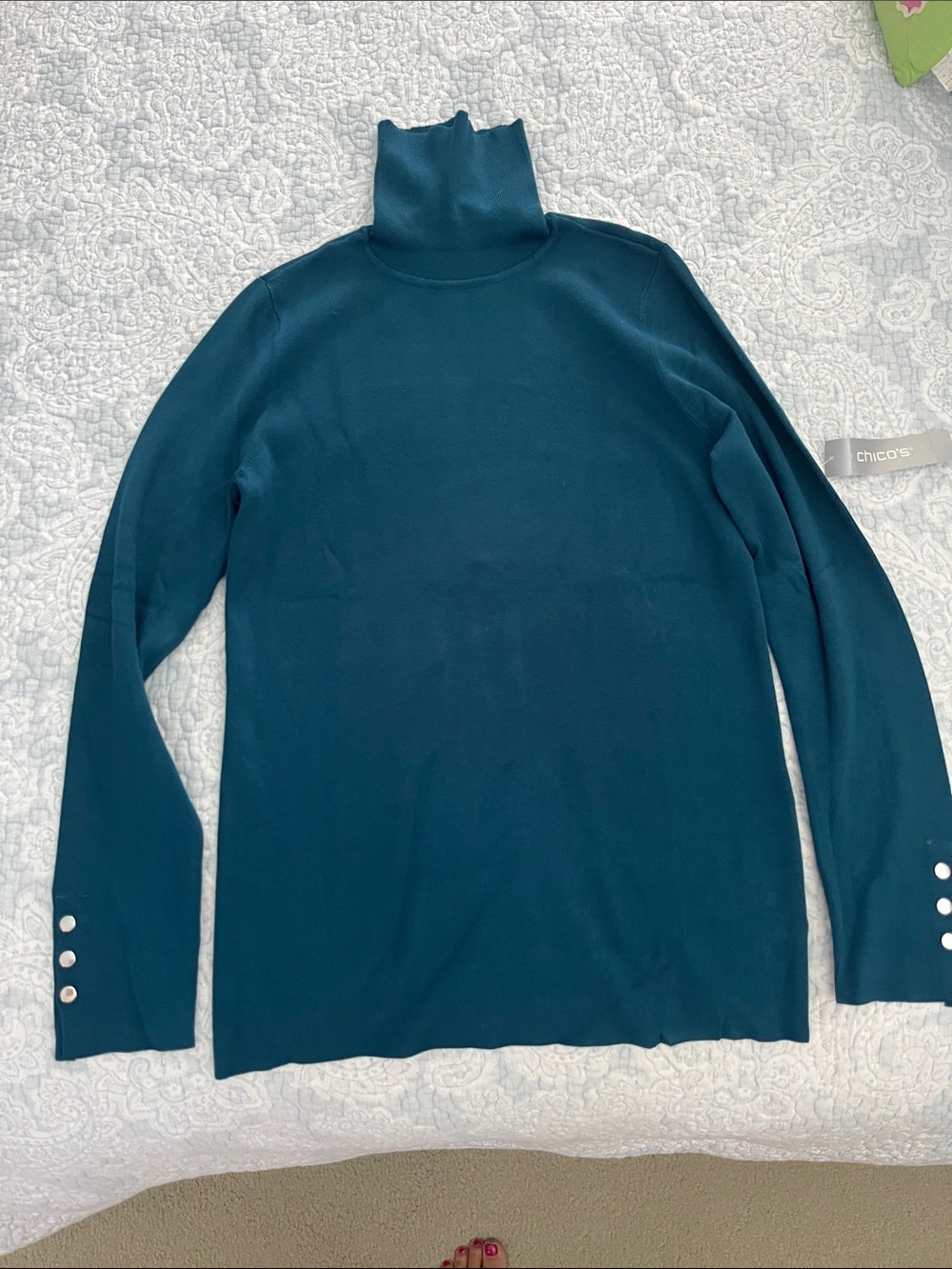 Chico's Deep Teal Turtleneck Sweater with Button Cuffs